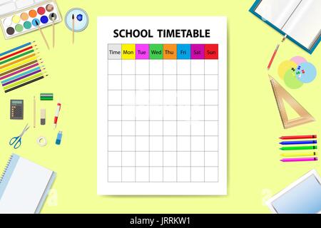 Horizontal ausgerichtete Vektor mit Stundenplan Schulsachen auf dem gelben Hintergrund umgeben Stock Vektor
