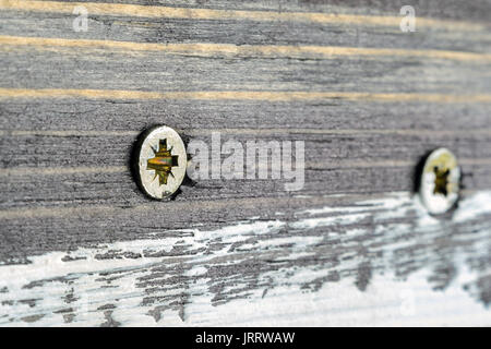 Die beiden Schraubenköpfe auf schmutzigen Dunkel lackiertem Holz Oberfläche. Makro Snapshot Stockfoto