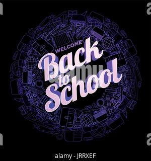 Vektor-Design-Vorlage für zurück zu Schule. Schulmaterialien Symbole, scharfe Holz Bleistift und 3d Willkommen zurück in der Schule Text. Stock Vektor
