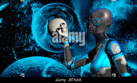 Abbildung: Futuristische weibliche Android im Weltraum Holding menschlicher Schädel - 3D-Rendering Stockfoto