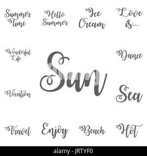 Schriftzug Text Sonnensymbol. Kreative und einzigartige Schriftzug für den heißen Sommer. Vektor-Illustration. Für Karten, Plakate, Banner. Stock Vektor