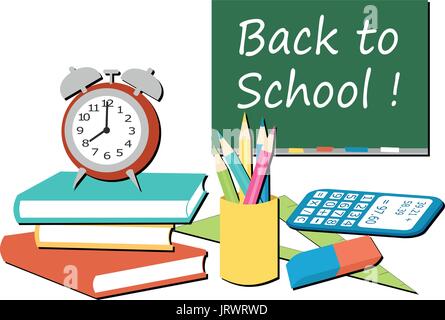 Schulbedarf und eine Tafel zur Veranschaulichung der zurück zur Schule Stock Vektor