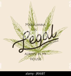 Legal Marihuana, Weed Cannabis grüne Blatt Retro-Logo, T-Shirt-Design. Indica-Label. Medizin-Anlage Legalisierung quadratische Plakat Produktetikett. Marijuan Stock Vektor