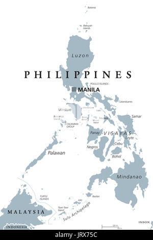 Die Philippinen politische Karte mit der Hauptstadt Manila. Englischer Beschriftung. Republik und souveränen Inselstaat in Südostasien im Pazifischen Ozean. Stockfoto