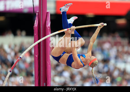 USAS Sandi Morris tritt im Stabhochsprung der Frauen tagsüber drei der IAAF Weltmeisterschaften 2017 im London Stadium. Stockfoto