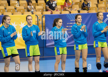 Celje, Slowenien. 5. August 2017. Team Slowenien bei der Frauen Europameisterschaft match zwischen Slowenien und Spanien in der Zlatorog Arena am 5. August 2017 in Celje, Slowenien. Bildnachweis: Rok Rakun/Pacific Press/Alamy Live-Nachrichten Stockfoto