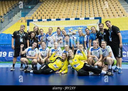 Celje, Slowenien. 5. August 2017. Team Slowenien bei der Frauen Europameisterschaft match zwischen Slowenien und Spanien in der Zlatorog Arena am 5. August 2017 in Celje, Slowenien. Bildnachweis: Rok Rakun/Pacific Press/Alamy Live-Nachrichten Stockfoto