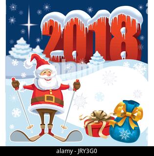 Skigebiet Santa Claus Neujahr 2018 mit Geschenken und Weihnachtsdekoration Stock Vektor