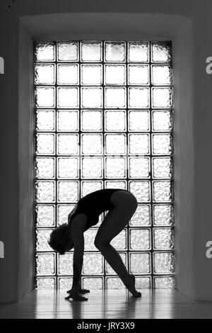 Woman's Silhouette mit Fenster auf dem Hintergrund in Schwarz und Weiß gehalten Stockfoto
