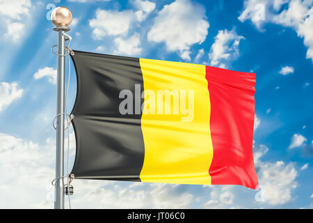 Belgische Fahne winken in blauen bewölkten Himmel, 3D-Rendering Stockfoto