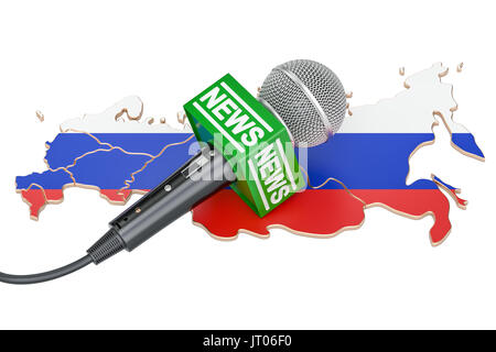 Russische Nachrichten Konzept, Mikrofon News auf der Landkarte von Russland. 3D-Rendering Stockfoto