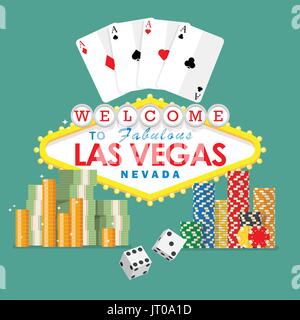 Willkommen Sie bei Las Vegas Schild mit Glücksspiel Elemente. , Spielkarten, Würfel, Chips und Geld Stock Vektor