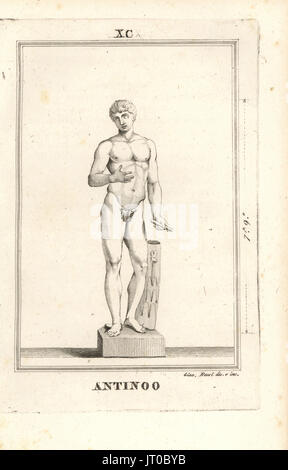Statue der griechischen Jugend Bithynian Antinoos, Liebhaber des Roman Emperor Hadrian. Kupferstich nach einer Illustration von Giacomo Bossi von Pietro Paolo Montagnani-Mirabili Il Museo Zeitabschnittes (The Capitoline Museum), Rom, 1820. Stockfoto