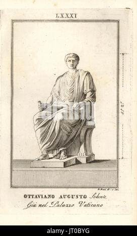 Statue eines sitzenden Roman Emperor Augustus, Ottaviano Augusto. Kupferstich, gezeichnet und gestochen von G. Bossi von Pietro Paolo Montagnani-Mirabili Il Museo Zeitabschnittes (The Capitoline Museum), Rom, 1820. Stockfoto