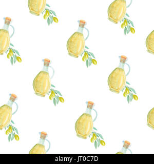 Olivenöl Flasche und Zweig Hand gezeichnet Aquarellmalerei nahtlose Muster auf weißem Hintergrund Stockfoto
