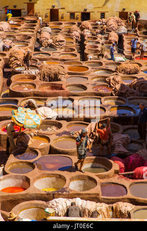 Chouwara traditionelle Leder Gerberei. Souk Medina von Fes, Fes el Bali. Marokko, Maghreb Nordafrika Stockfoto