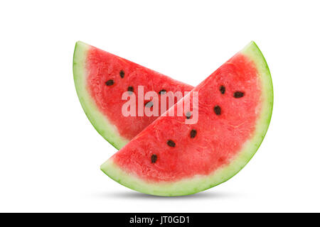 Zwei Scheiben frische Wassermelone auf weißem Hintergrund. Objekt. Stockfoto