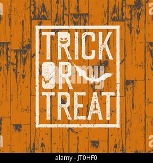 Happy Halloween-Logo auf orange farbigen hölzernen Hintergrund.  Grunge Stempel Buchstaben und beängstigend Elemente (Gräber, Kürbisse, Fledermäuse). Stock Vektor