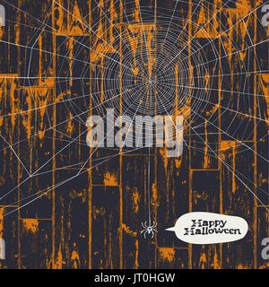 Halloween Postkarte Illustration. 31 Oktober-Urlaub-Hintergrund. Halloween Spinnennetz auf hölzernen Hintergrund. Stock Vektor