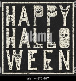 Halloween-Urlaub Karte Design mit Spinnen-Web. "Happy Halloween". Grunge-Briefe an Grab, Fledermäuse und Kürbisse Symbole. Stock Vektor