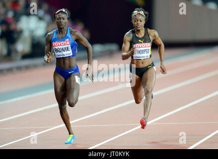 London, UK. 6. August 2017. Torie Bowie, Verfolger von Elaine Thompson in der letztjährigen Olympischen Finale in Rio, stürzte auf die Strecke nicht bewusst, dass sie Sieg aus der Tasche – von 0,01 in 10.85, Kredit gezogen hatte: Mariano Garcia/Alamy Live News Stockfoto