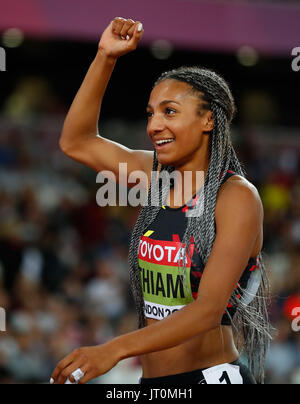 London, Großbritannien. 6. August 2017. Nafissatou Thiam Belgien feiert nach dem Siebenkampf Frauen am Tag3 der IAAF Weltmeisterschaften 2017 London Stadium in London, Großbritannien, im 6. August 2017 zu gewinnen. Bildnachweis: Wang Lili/Xinhua/Alamy Live-Nachrichten Stockfoto