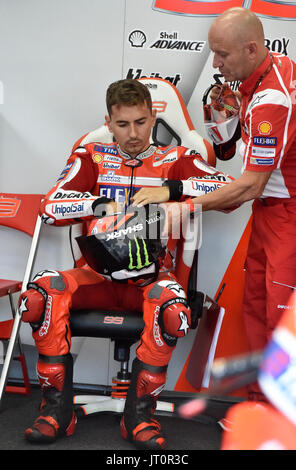 Brno, Tschechische Republik. 6. August 2017. Spanische Motorrad-Rennradfahrer, die JORGE LORENZO während des Grand Prix der Tschechischen Republik 2017 auf der Rennstrecke von Brno in der Tschechischen Republik, am 6. August 2017 gesehen wird. Bildnachweis: Vaclav Salek/CTK Foto/Alamy Live-Nachrichten Stockfoto