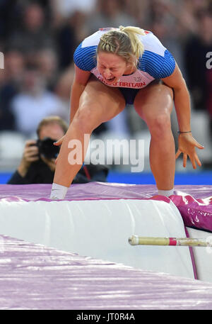 London, UK. 6. August 2017. Holly Bradshaw von Großbritannien reagiert im Stabhochsprung der Frauen bei den IAAF Weltmeisterschaften in der Leichtathletik im Olympiastadion in London, UK, 6. August 2017. Foto: Bernd Thissen/Dpa/Alamy Live News Stockfoto