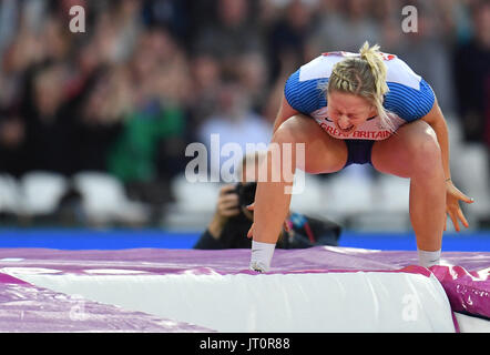 London, UK. 6. August 2017. Holly Bradshaw von Großbritannien reagiert im Stabhochsprung der Frauen bei den IAAF Weltmeisterschaften in der Leichtathletik im Olympiastadion in London, UK, 6. August 2017. Foto: Bernd Thissen/Dpa/Alamy Live News Stockfoto