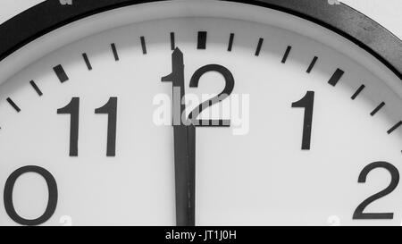 Closeup und selektiv auf die schwarze Zeiger von einem weißen Hintergrund Ziffernblatt-markierung eine Minute vor Mitternacht. Stockfoto