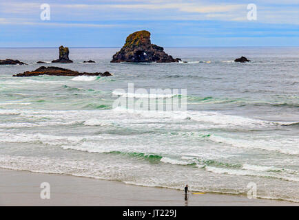 Surfer gehen Sie zu surfen und zurück, von indischen Strand Trailhead, im Ecola State Park in Oregon, USA. Dieser Strand ist sehr beliebt bei Surfern. Stockfoto