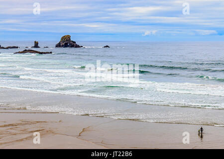 Mann zeigt junge, wie man surft, von indischen Strand Trailhead, im Ecola State Park in Oregon, USA. Dieser Strand ist sehr beliebt bei Surfer Stockfoto