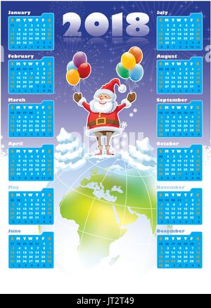 Santa Claus lächelnd stehen auf dem Gipfel des Globus, neue Kalender 2018 im Hintergrund. Stock Vektor