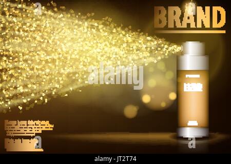 Gold Spray flasche auf schwarzem Hintergrund für Ihr Design isoliert. Realistische kosmetische Premium ads, Gesichtsbehandlung Wesen. 3D Gold Toner, durchscheinend enthalten. Vector Illustration Stock Vektor