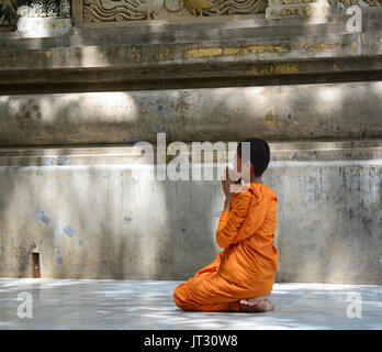 Ein Anfänger Mönch Mahabodhi Tempel Komplex in Bodhgaya, Indien zu beten. Die mahabodhi Vihar, ein UNESCO-Weltkulturerbe, ist ein buddhistischer Tempel. Stockfoto