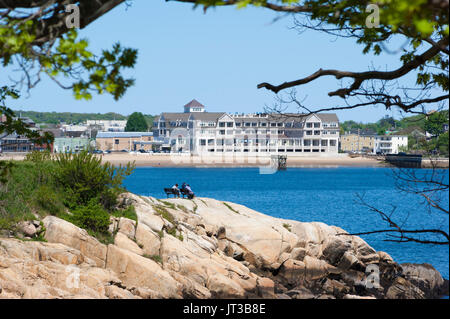 Die Gloucester City Waterfront von der Bühne Gabel Park gesehen. Gloucester Hafen, Cape Ann, Massachusetts. Stockfoto