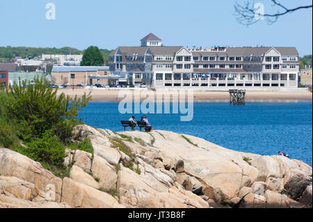 Die Gloucester City Waterfront von der Bühne Gabel Park gesehen. Gloucester Hafen, Cape Ann, Massachusetts. Stockfoto