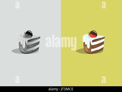Digitale Vektor lustigen Comic cartoon farbigen und schwarzen und weißen Stück Kuchen mit Sahne und Erdbeere, abstrakten Stil realistisch flach Stock Vektor