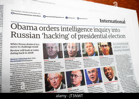 "Obama ordnet Geheimdienstuntersuchung zum russischen "Hacking" der Präsidentschaftswahlen an Guardian-Schlagzeile Hack-Artikel Dezember 2016 London UK Stockfoto