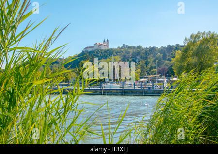 Abtei Tihany mit Hafen, Querformat throug Reed mit Swan am Plattensee. Stockfoto