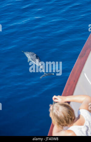 Spinner Delfin (Stenella longirostris) über in diesem gläsernen Meer von Indonesien zu Oberfläche Stockfoto