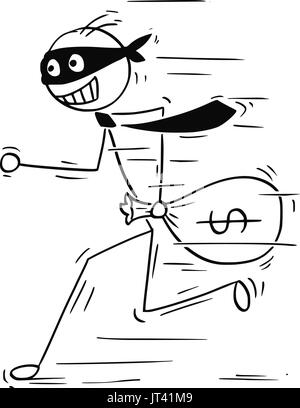 Cartoon-Vektor-Illustration des Lächelns maskierte Stick Mann Geschäftsmann oder Angestellter rennt weg mit Beutel mit Geld. Stock Vektor