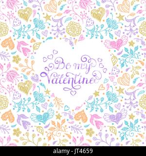 Bunte Karte mit Hand gezeichnet Blumen und Herzen. Vektor-Illustration. Stock Vektor