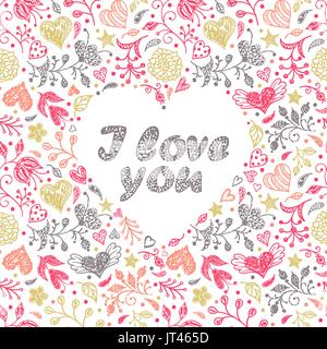 Bunte Karte mit Hand gezeichnet Blumen und Herzen. Vektor-Illustration. Stock Vektor