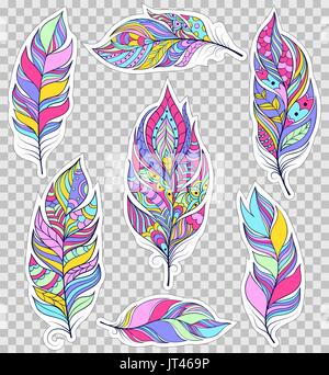 Reihe von bunten Federn auf transparentem Hintergrund. Sticker für Scrapbooking, Geschenkboxen, Skins, Fällen, Brieftaschen etc.. Vektor-Illustration. Stock Vektor