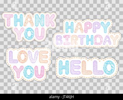 Reihe von bunten handgezeichneten Aufkleber auf transparentem Hintergrund. Sticker für Scrapbooking, Geschenkboxen, Einladungen, Cardmaking, Handwerk. Vektor-illustra Stock Vektor