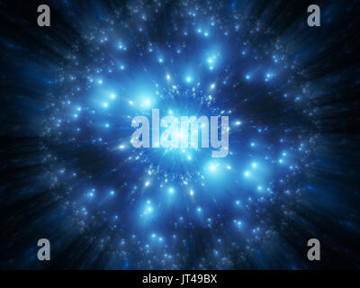 Blau leuchtende futuristische künstliche Fremdkörper im Raum, Computer-generierte Zusammenfassung Hintergrund, 3D-Rendering Stockfoto