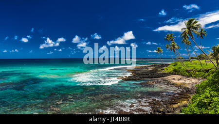 Tropischen vulkanischen Strand auf Samoa Inseln mit vielen Palmen, Upolu Stockfoto