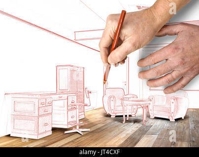 Innere Breite Loft, Büro- und Holzboden geplant Stockfoto