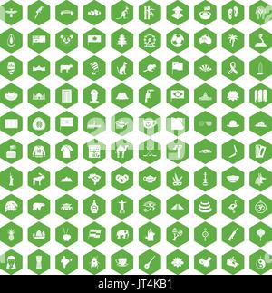 100 Sehenswürdigkeiten Symbole Sechseck grün Stock Vektor